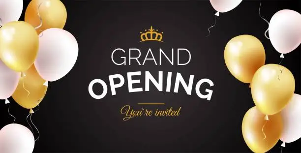 Vector illustration of Grand opening black banner with golden and white balloons.