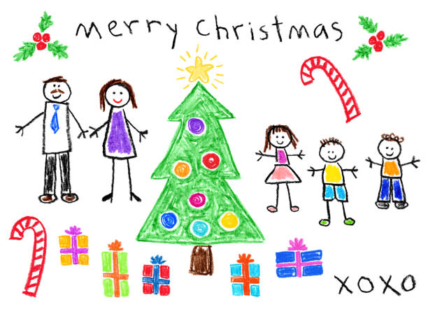 ilustrações, clipart, desenhos animados e ícones de desenho de estilo infantil - tema de natal - natal familia