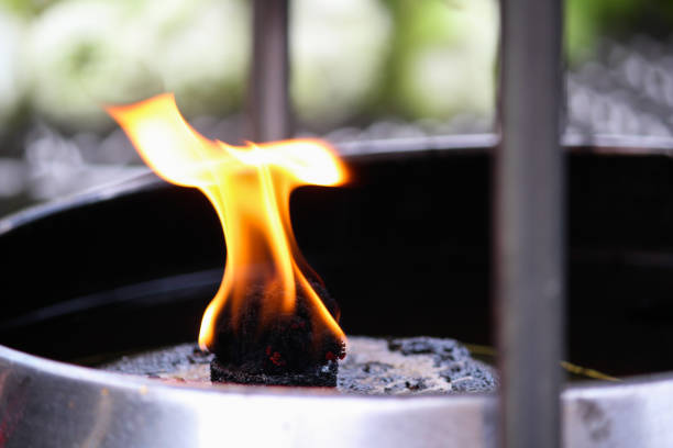 A clay incense burner is lit to begin a holistic ritual in the forest, with wood from the bark of a copal tree.
