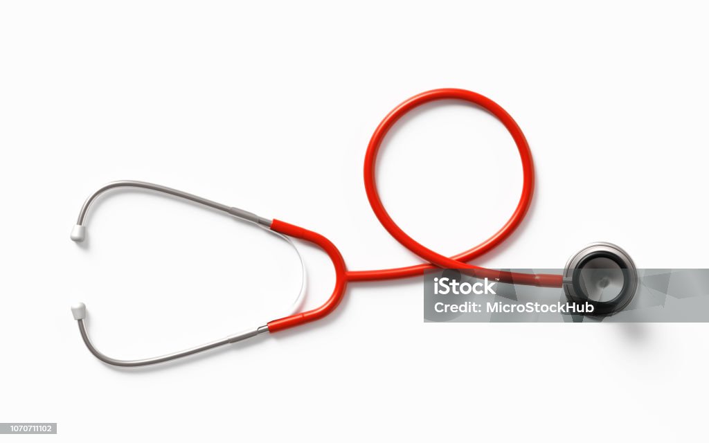 Red Stethoscope On White Background Red stethoscope on white background. Health concept. Horizontal composition with clipping path and copy space. Directly above. Stethoscope Stock Photo