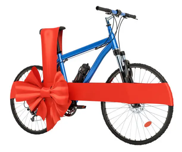 Photo of Bicycle with bow and ribbon, gift concept. 3D rendering isolated on white background