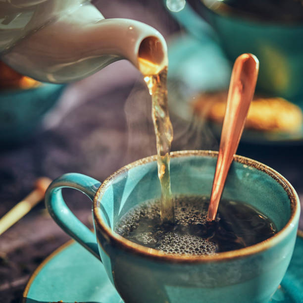 tasse de thé noir, servi avec des biscuits - tea crop photos et images de collection