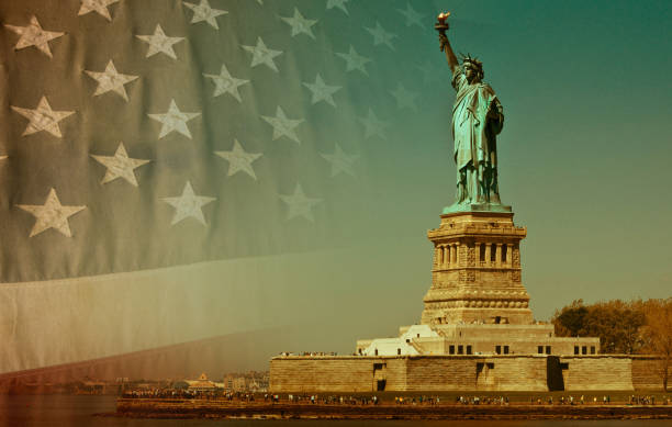 istock Double exposure American Flag and Statue of Liberty 1070717852