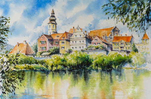 Frohnleiten , Austria. Frohnleiten- small city above Mur river in Styria, Austria. Picture created with watercolors. frohnleiten stock illustrations