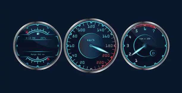 Vector illustration of Set of isolated dashboard speedometers.