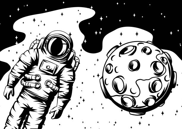 Illustration of astronaut with moon. Illustration of astronaut with moon. Spaceman in suit. Cosmonaut in outer space. astronaut drawings stock illustrations