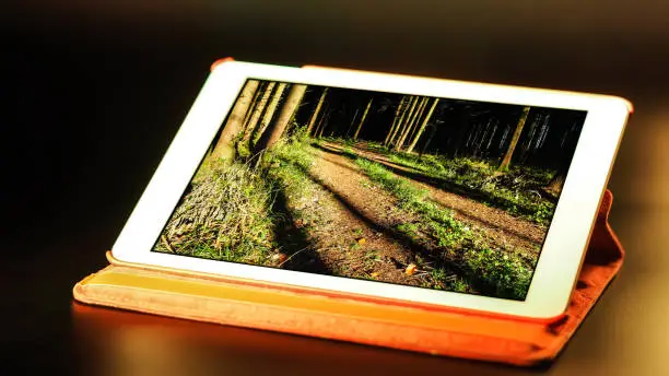 tablet with orange lightning and a autumn forest motive on th screen