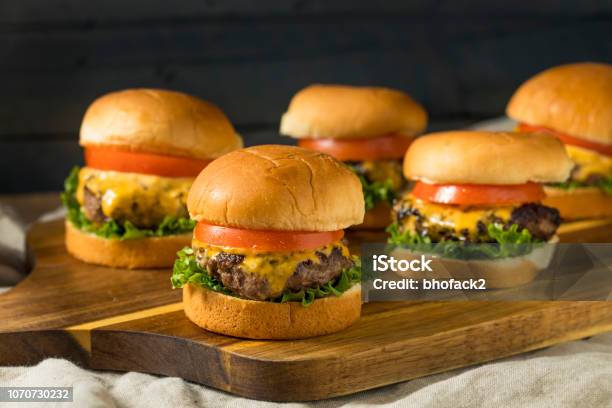 Homemade Cheeseburger Sliders With Tomato Stock Photo - Download Image Now - Slider - Burger, Sliding, Burger