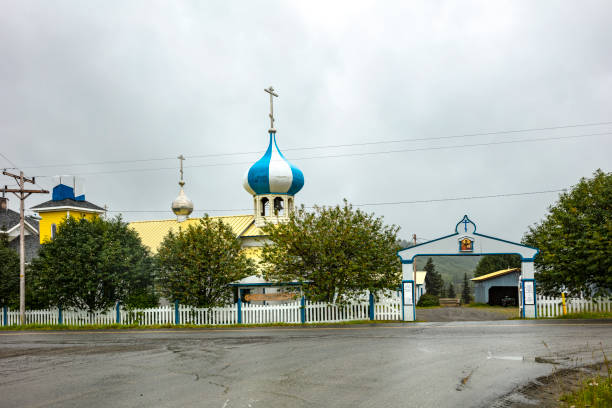 Nicholaevsk, AK - Aug 23, 2018: A view of the Church of St Nicholas, a Russian Orthodox Church in Nikolaevsk on Kenai Peninsula in Alaska, USA