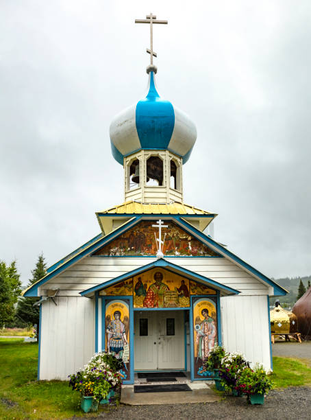 Nicholaevsk, AK - Aug 23, 2018: A view of the Church of St Nicholas, a Russian Orthodox Church in Nikolaevsk on Kenai Peninsula in Alaska, USA