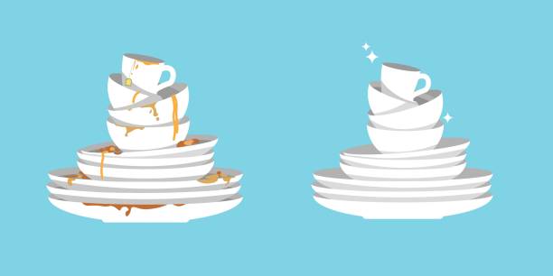 Vector kitchen household cutlery before and after wash. Set of clean and dirty dishes isolated on blue background. White kitchen household cutlery before and after wash. Detergent label design template. Vector illustration. cutlery cartoons stock illustrations