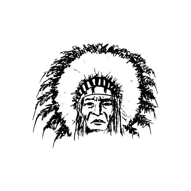 Vector illustration of Stylized cartoon sketch North American Indigenous chief , face, isolated on white