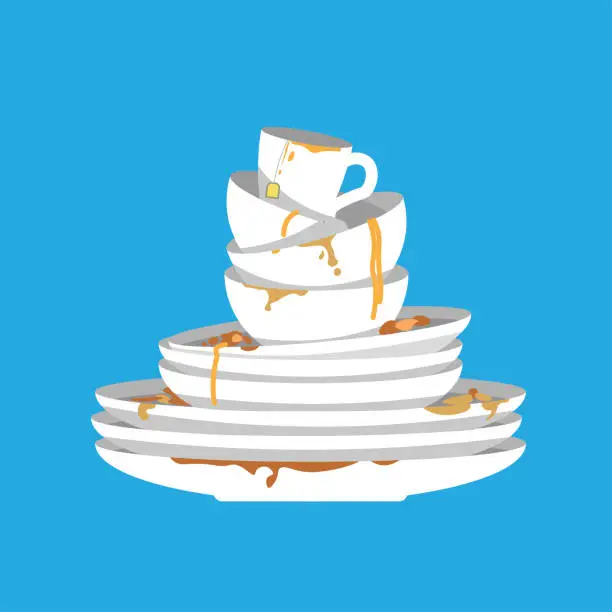 Vector illustration of Stack of dirty dishes on blue background