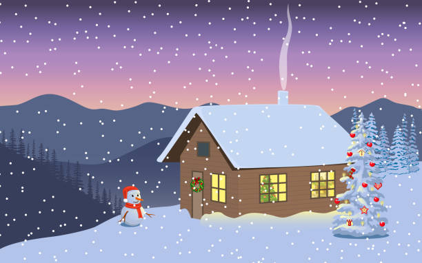 ilustrações de stock, clip art, desenhos animados e ícones de winter evening twilight, night with illuminated house, snowman in santa hat, distant mountains, decorated x-mas tree, - sunset winter mountain peak european alps