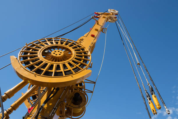 istock Elements of large mobile construction cranes tower on  sky background 1070741844