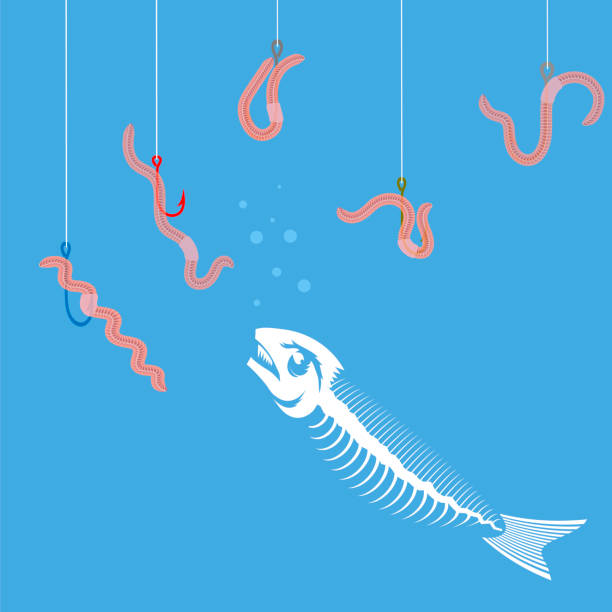 istock White Fish Bone Skeleton Isolated on Blue Background. Set of Colored Fishing Hooks 1070746314