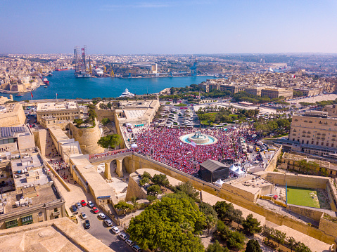 May 01, 2018. Malta. Celebrating labour day in Valletta, Malta. Aerial view on the people crowd celebrating workers day on the 1st of May.