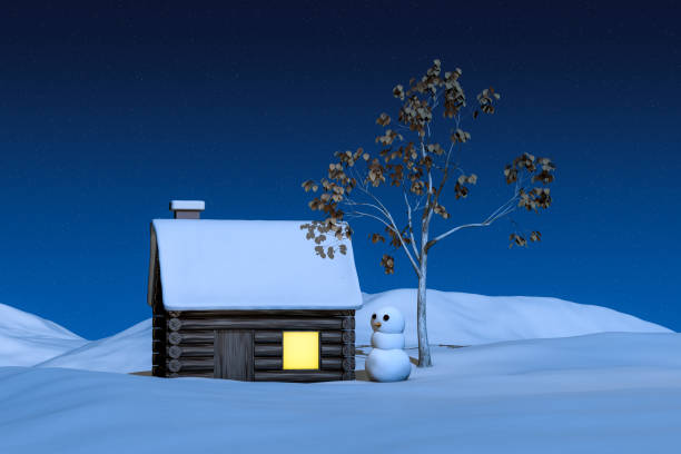 istock 3d rendering, snowman and cabin in winter 1070761178