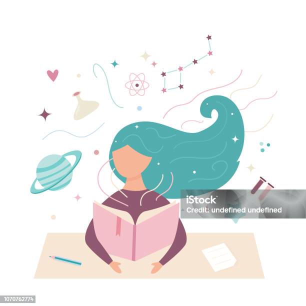 Vector Image Of A Girl Reading A Book Student In Working Process Stock Illustration - Download Image Now