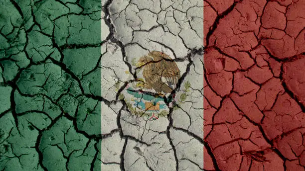 Political Crisis Or Environmental Concept: Mud Cracks With Mexico Flag