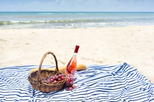 istock Beach picnic with wine, baguette bread and grapes 1070773042