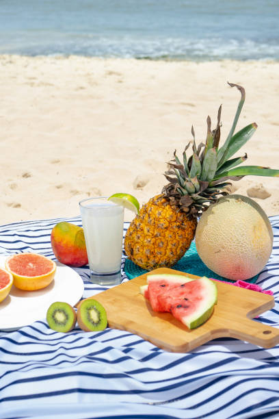istock Beach picnic with lemonade and fruits (pineapple, grapefruit, kiwi, watermlon, cantaloupe, mango) 1070780118