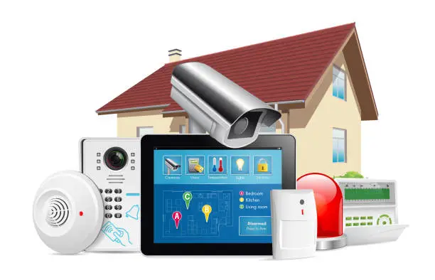 Photo of Home security system concept - motion detector, gas sensor, cctv camera, alarm siren