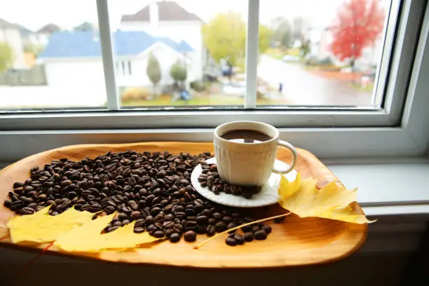 cup of coffee with grains of coffee and a leaf of maple on a wooden plate on the windowsill opposite the window with trees in autumn foliage