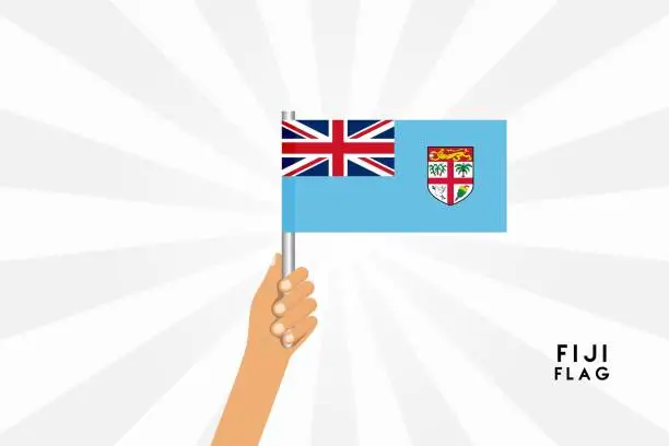 Vector illustration of Vector cartoon illustration of human hands hold Fiji flag. Isolated object on white background.