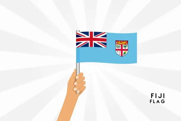 Vector illustration of Vector cartoon illustration of human hands hold Fiji flag. Isolated object on white background.