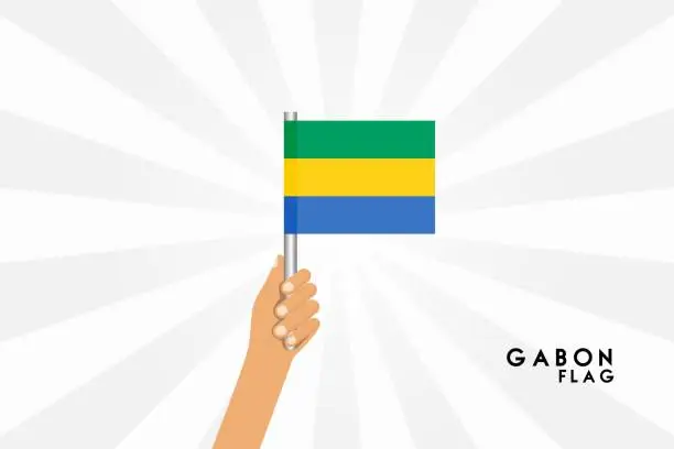 Vector illustration of Vector cartoon illustration of human hands hold Gabon flag. Isolated object on white background.