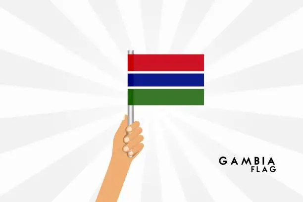 Vector illustration of Vector cartoon illustration of human hands hold Gambia flag. Isolated object on white background.