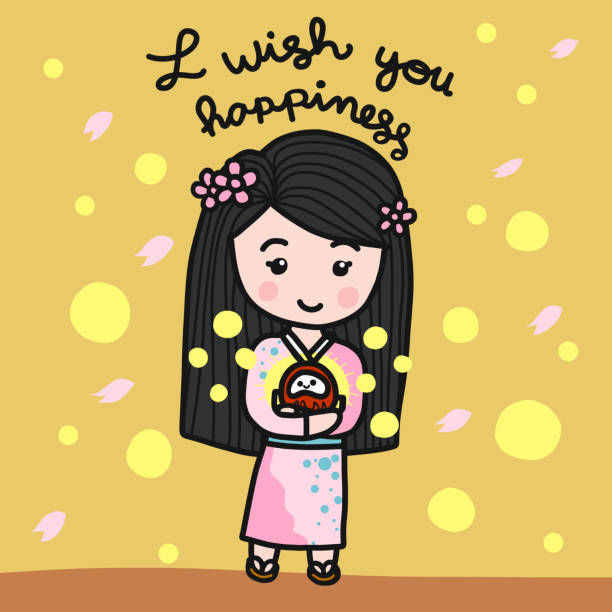 ilustraciones, imágenes clip art, dibujos animados e iconos de stock de le deseo a chica de kimono japonés de felicidad con la ilustración de vector de daruma (amuleto japon) historieta doodle - chica kimono del anime