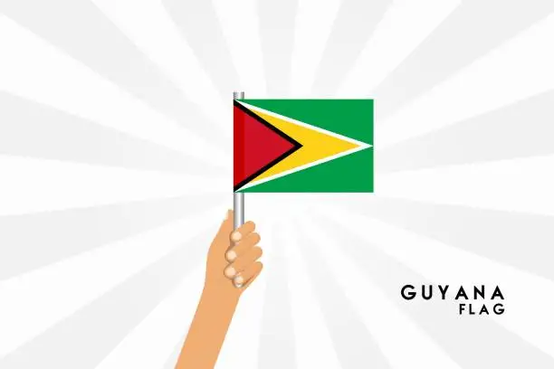 Vector illustration of Vector cartoon illustration of human hands hold Guyana flag. Isolated object on white background.