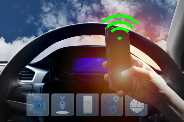istock Internal view and automatic self command driving  with smartphone, Electric smart car technology and empty space for text. 1070821160