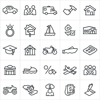 An icon set illustrating several different types of loans. the icons include a car, RV, home improvement, home repair, house, wedding ring, sail boat, motor boat, loan approval, financial institution, bank, education, new construction, motorcycle, business, watercraft, interest rate, airplane, wedding, ATV, money, cash, deb, and contract to name a few.
