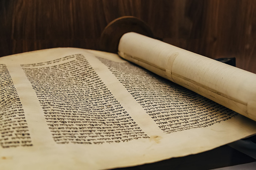 Hebrew religious handwritten Torah parchment scroll.