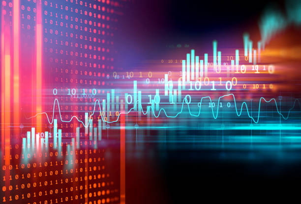 gráfico de inversión bursátil con indicador y el volumen de datos. - stock market stock ticker board stock market data finance fotografías e imágenes de stock