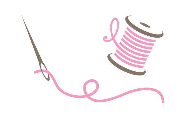 Pink Needle and Thread A threaded needle with a spool for sewing sewing needle stock illustrations