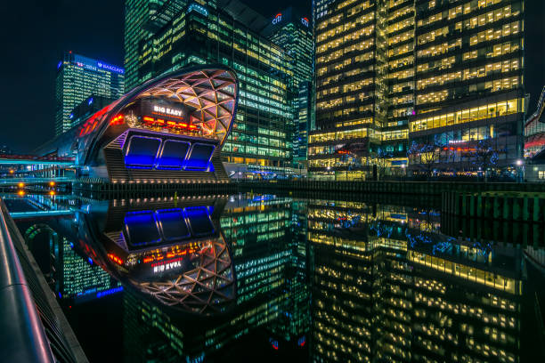 réflexions sur le quartier financier de londres - london england financial district england long exposure photos et images de collection