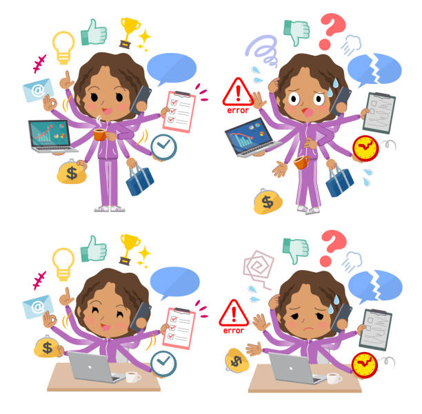 ilustrações de stock, clip art, desenhos animados e ícones de school dark skin girl purple jersey_mulch task office - relationship difficulties flash