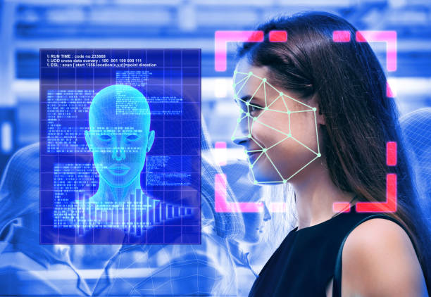 istock Sideview woman with transparency digital scan people for futuristic technology face detection 1070844458