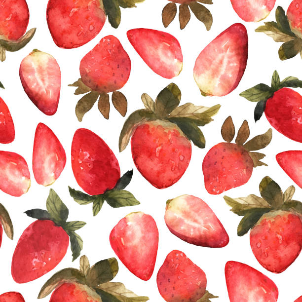 illustrations, cliparts, dessins animés et icônes de modèle sans couture avec isolé main dessinée fraise rouge.  illustrarion avec des baies et des tranches de fraises à l’aquarelle. vector - backgrounds abstract paintings art product