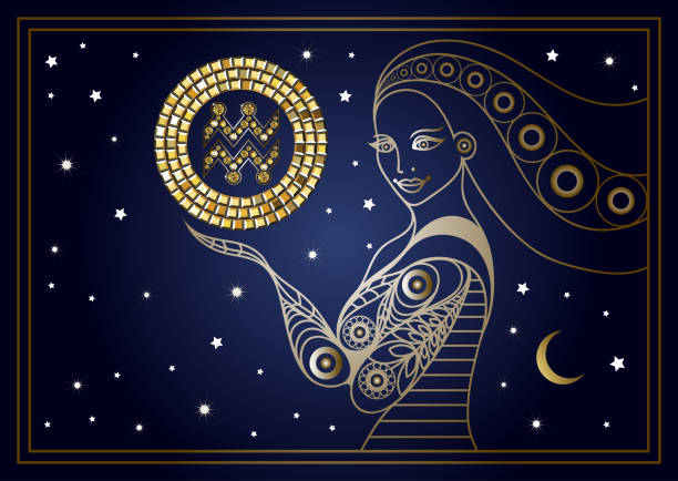 Decorative woman with the sign of the zodiac 6 Decorative zodiac sign Aquarius. Horoscope and astrology (astronomy)-symbol. Suitable for invitation, flyer, sticker, poster, banner, card, label, cover, web. Vector illustration. Aquarius stock illustrations