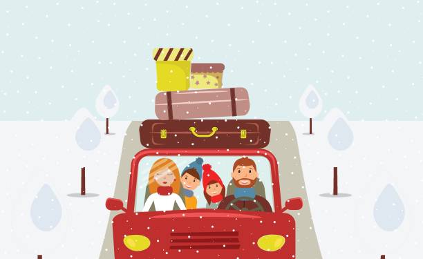 Vacation Beautiful cartoon family: young man, woman, son and daughter are going to Christmas vacation. Dad is driving a red car. There are a few suitcases and boxes on the roof of car. Road, trees. Vector winter travel stock illustrations