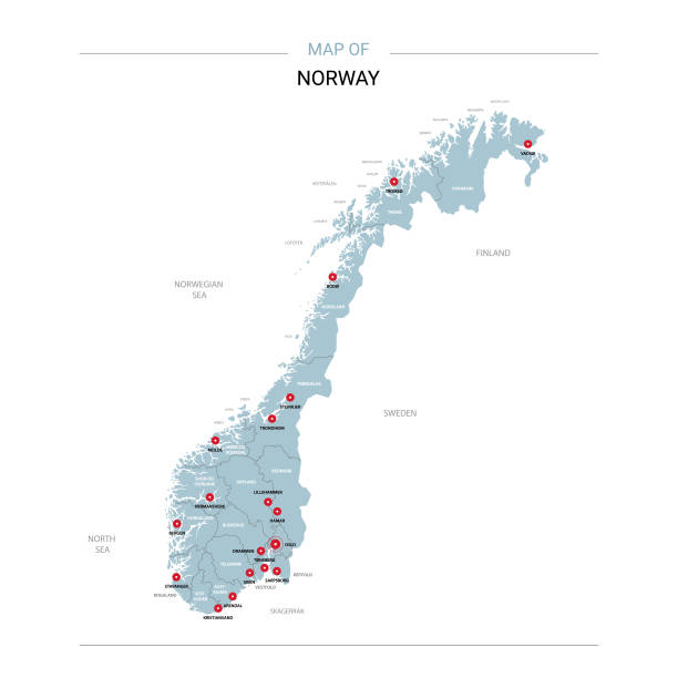Norway map vector with red pin. Norway vector map. Editable template with regions, cities, red pins and blue surface on white background. norway continent stock illustrations