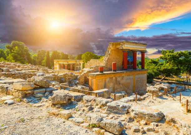 Knossos palace at Crete. Knossos Palace ruins. Heraklion, Crete, Greece. Detail of ancient ruins of famous Minoan palace of Knossos. stock photo