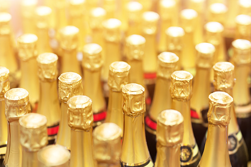 Many bottles of champagne with golden foil top in rows. Party celebration background. Wedding and christmas beverage.