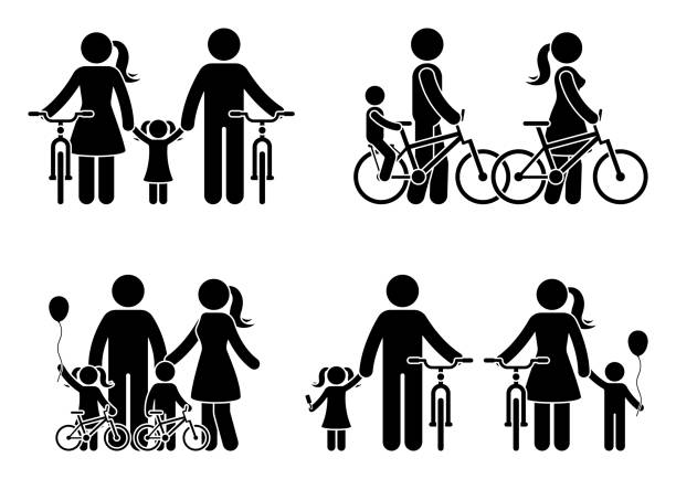 スティック図家族自転車ピクトグラム。母親、父親と子供が一緒に時間を過ごす - women cycling bicycle father点のイラスト素材／クリップアート素材／マンガ素材／アイコン素材