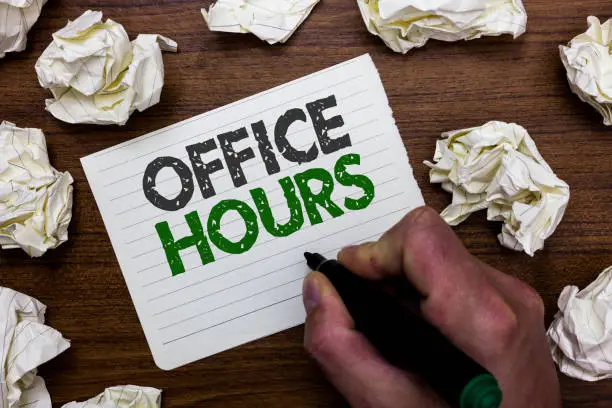 Conceptual hand writing showing Office Hours. Business photo showcasing The hours which business is normally conducted Working time Man holding marker notebook page crumpled papers mistakes